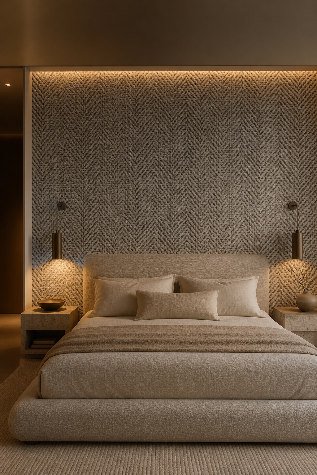 Boutique hotel suite bedhead in Silver Herringbone grey herringbone grasscloth with bouclé bed and travertine side tables at evening