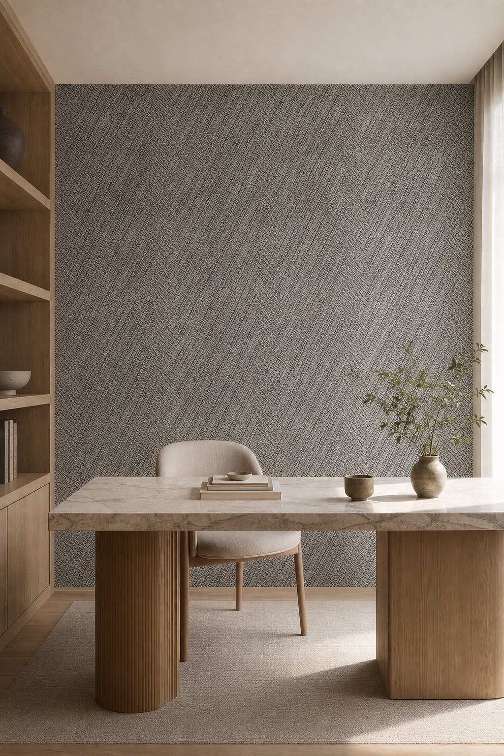Japandi study with Silver Herringbone grey herringbone grasscloth feature wall, pale oak shelving and marble desktop in soft morning light