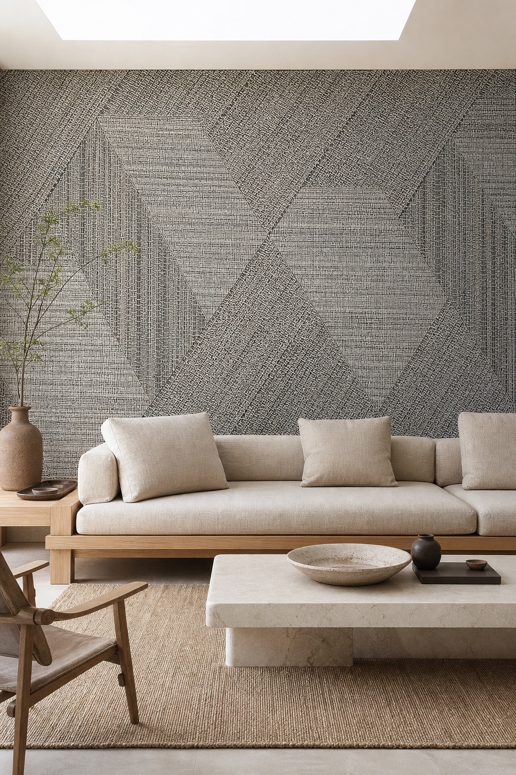 Minimalist living room with Silver Herringbone grey herringbone grasscloth main wall, low oak sofa frame and marble coffee table in noon daylight
