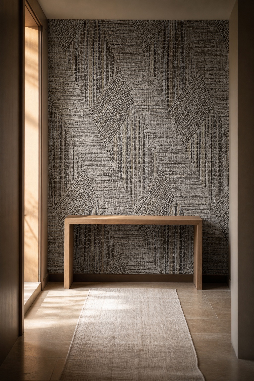 Contemporary residential hallway lined with Silver Herringbone grey herringbone grasscloth, pale oak console and linen runner in afternoon light