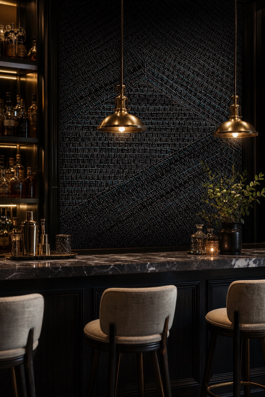Dark charcoal herringbone grasscloth wallpaper as a feature wall in a low-lit private members' bar with antique brass pendants and marble counter