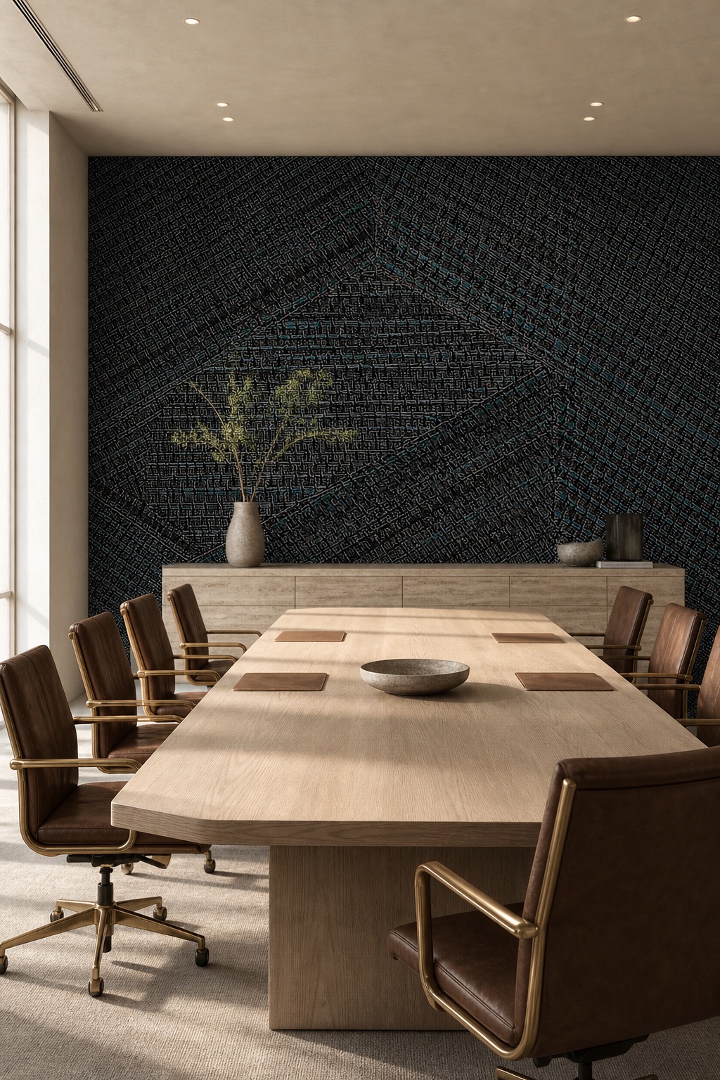 Charcoal herringbone grasscloth wallpaper as a full-height accent wall in an executive boardroom with bleached oak table and brass-trimmed chairs