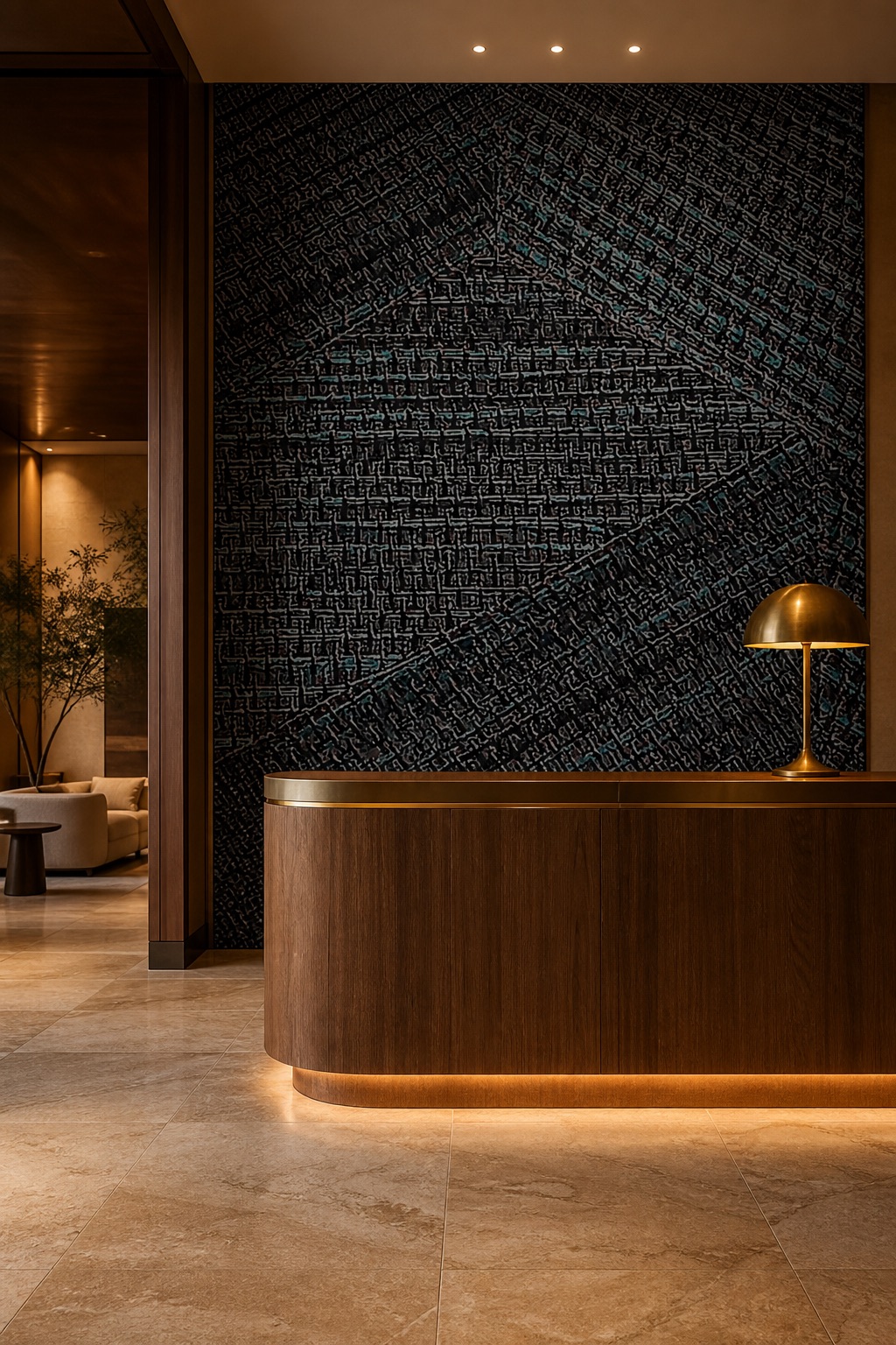 Charcoal grasscloth wallpaper as floor-to-ceiling panelling behind a boutique hotel reception desk at dusk with oak counter and travertine floor