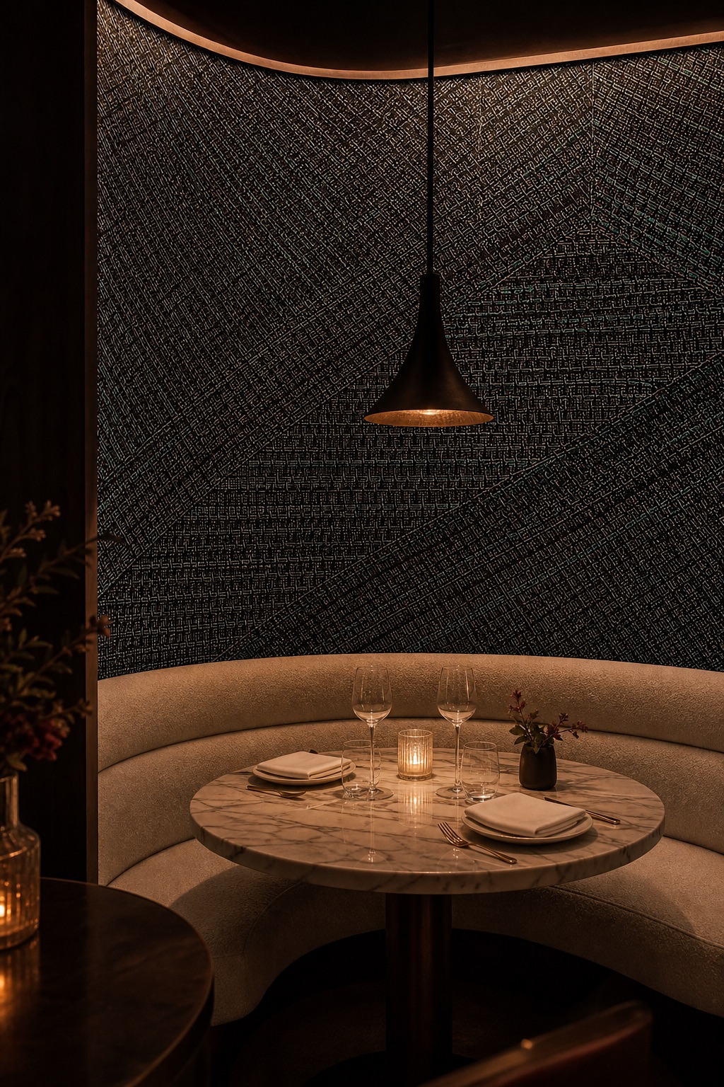 Charcoal grasscloth wallpaper forming the enclosing back wall of a fine-dining restaurant booth with marble table and ivory bouclé seating