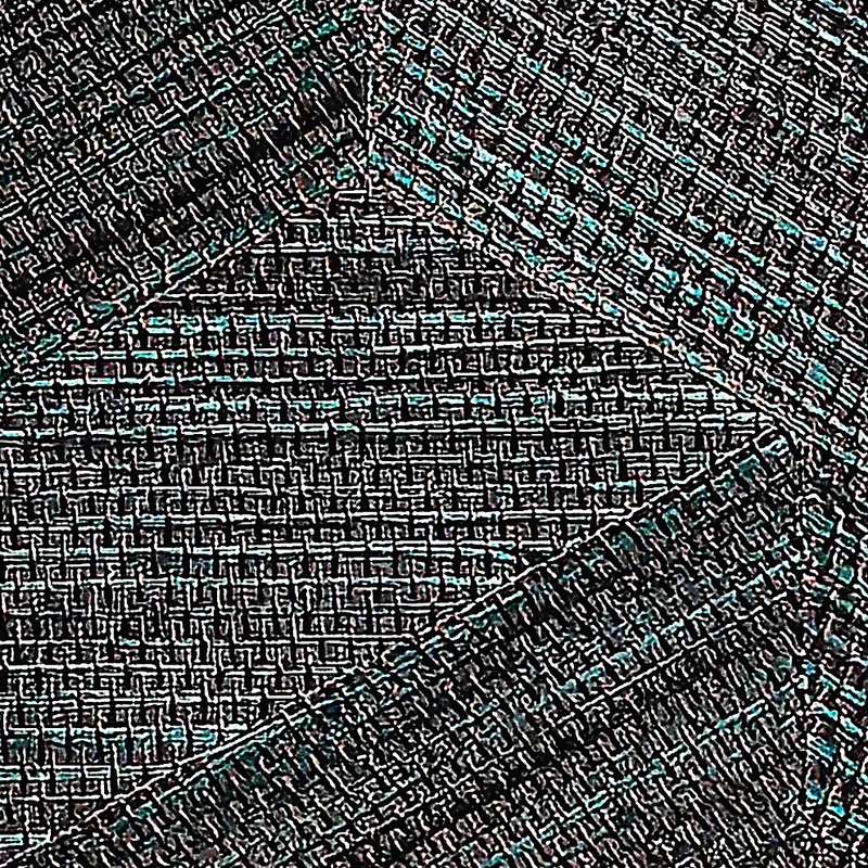 Close-up of Teal Ember charcoal grasscloth wallpaper showing open plain-weave grid with teal-accent threads at warp-weft intersections and herringbone panel orientation
