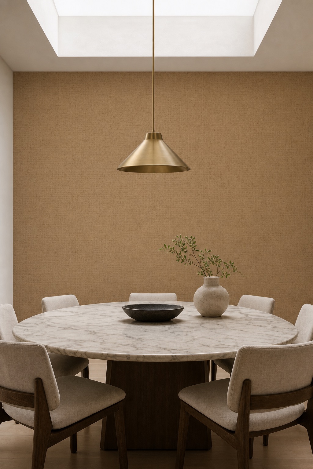 Residential dining room with Caramel Checker paperweave wallpaper as accent wall, marble dining table, linen chairs and brass pendant in noon light