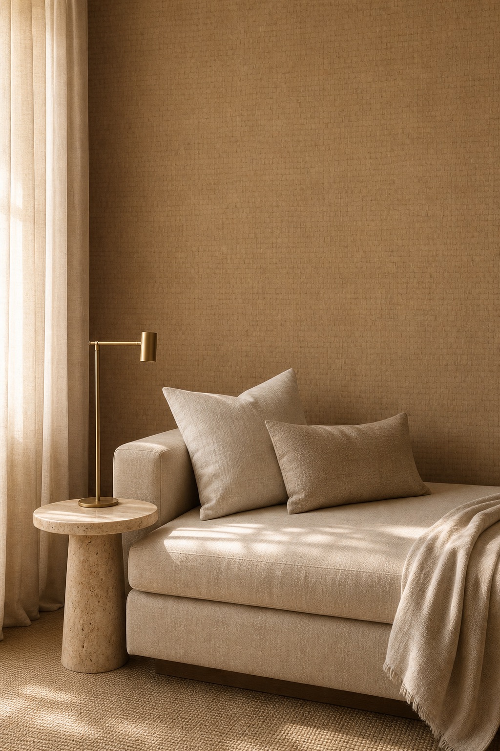 Boutique hotel suite with Caramel Checker paperweave wallpaper behind a linen daybed, brass lamp and travertine side table in morning light