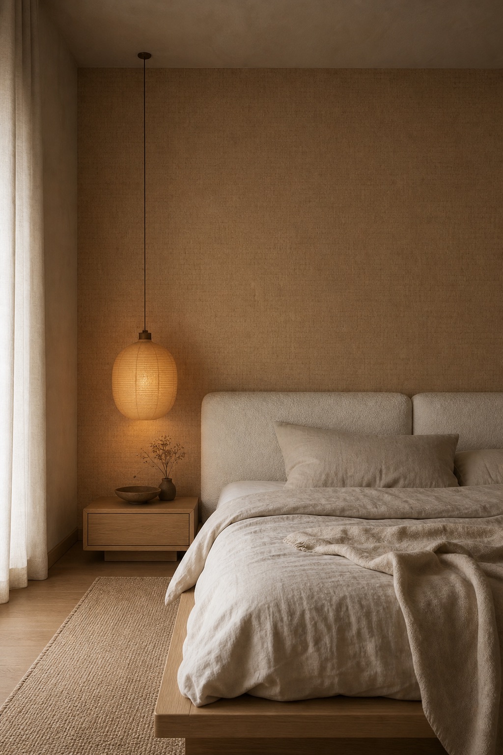 Japandi bedroom with Caramel Checker paperweave wallpaper as bedhead wall, bouclé headboard, oak platform bed and warm pendant light at dusk