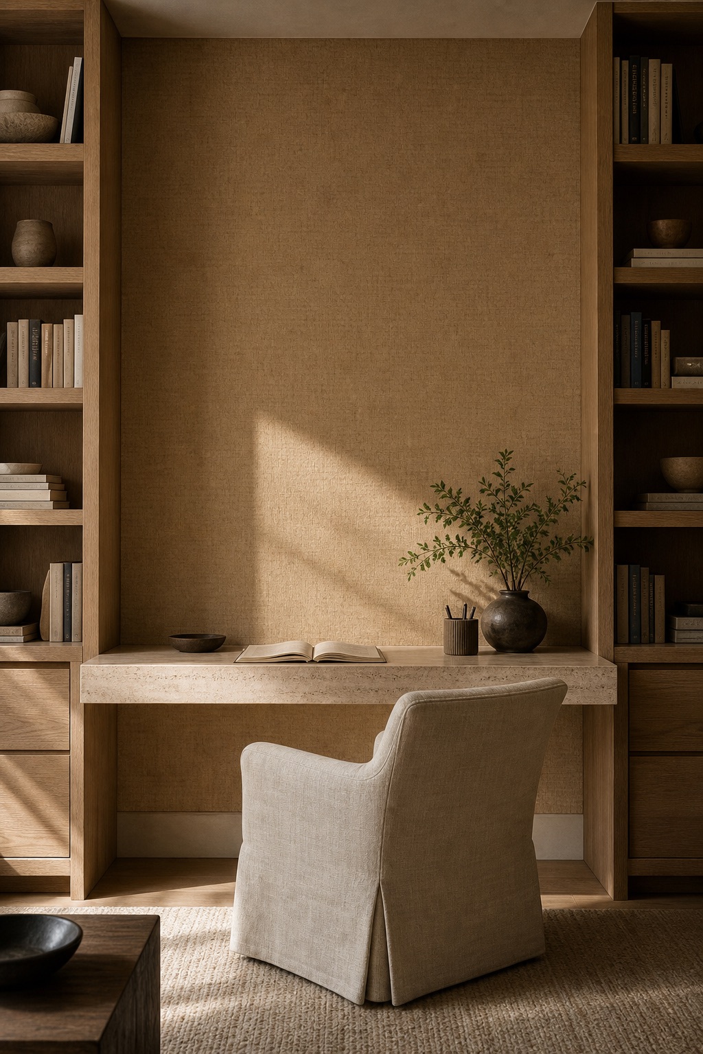 Private home library with Caramel Checker paperweave wallpaper in a reading alcove flanked by oak shelving and a travertine desk in afternoon light