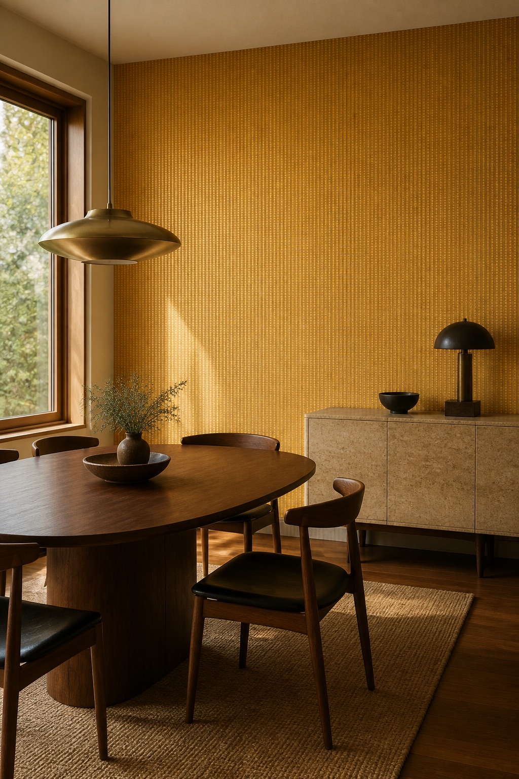 Mid-century dining room with Amber Cord yellow grasscloth wallpaper in warm mustard amber, dark walnut oval table, aged brass pendant and travertine sideboard in afternoon light