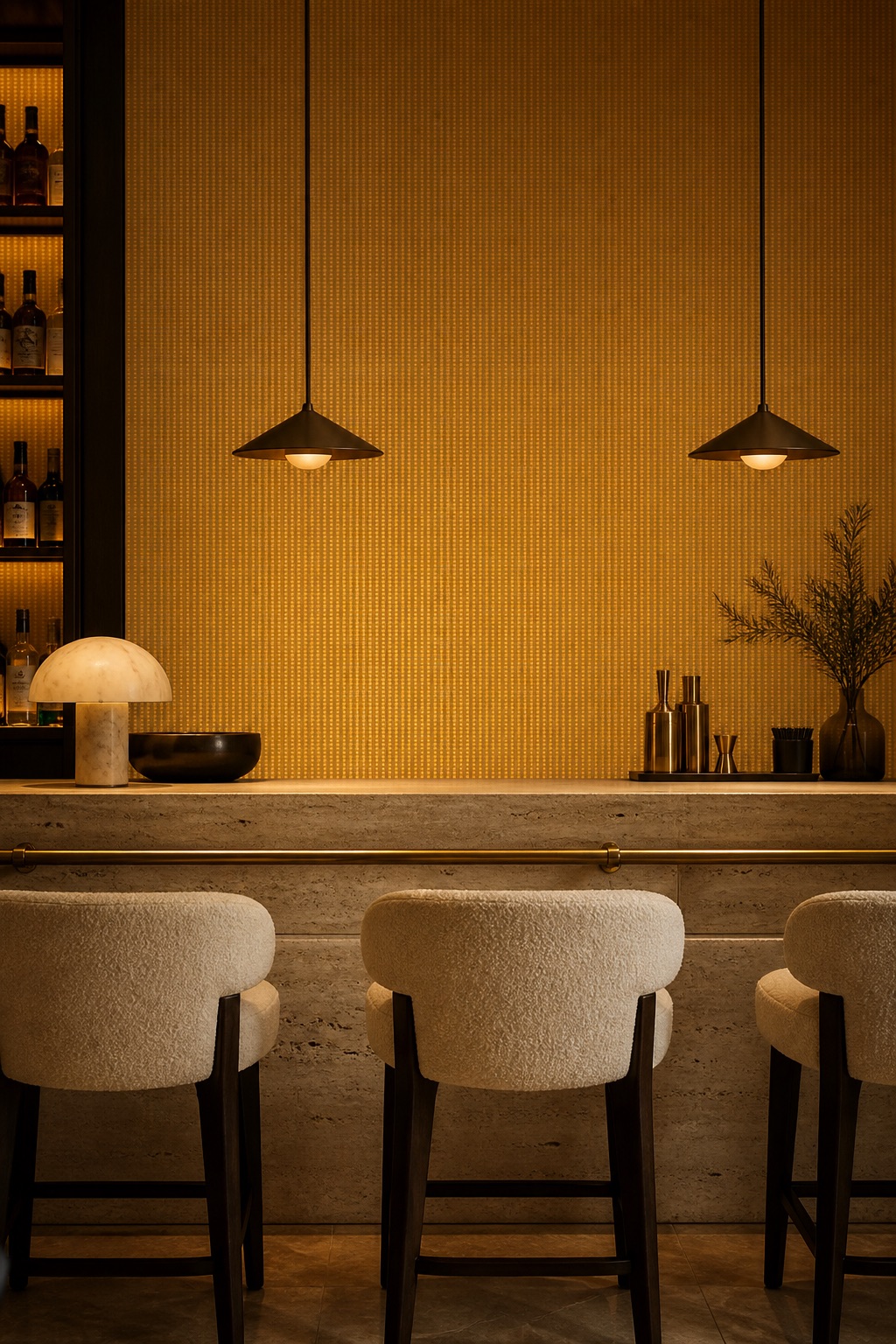 Hotel bar with Amber Cord yellow grasscloth wallpaper on the back wall, travertine counter with brass rail, ivory bouclé stools under warm pendant lighting in the evening