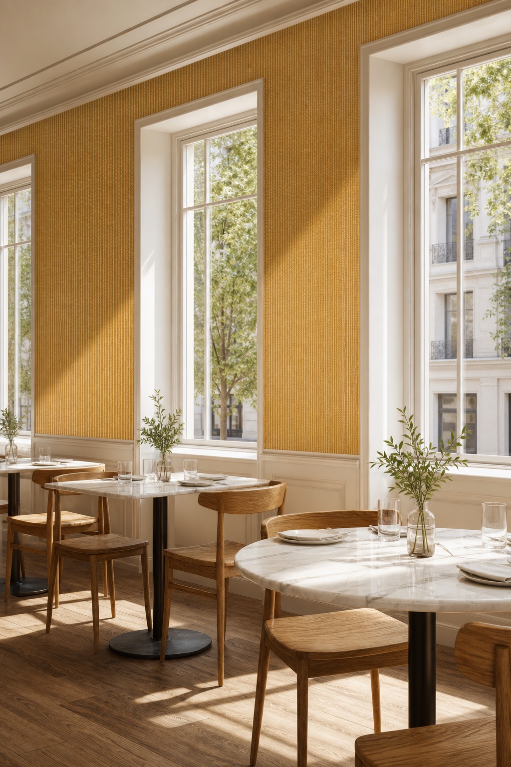 Boutique restaurant with Amber Cord yellow grasscloth wallpaper panels in warm mustard amber between window bays, white marble tabletops and solid oak chairs in noon daylight