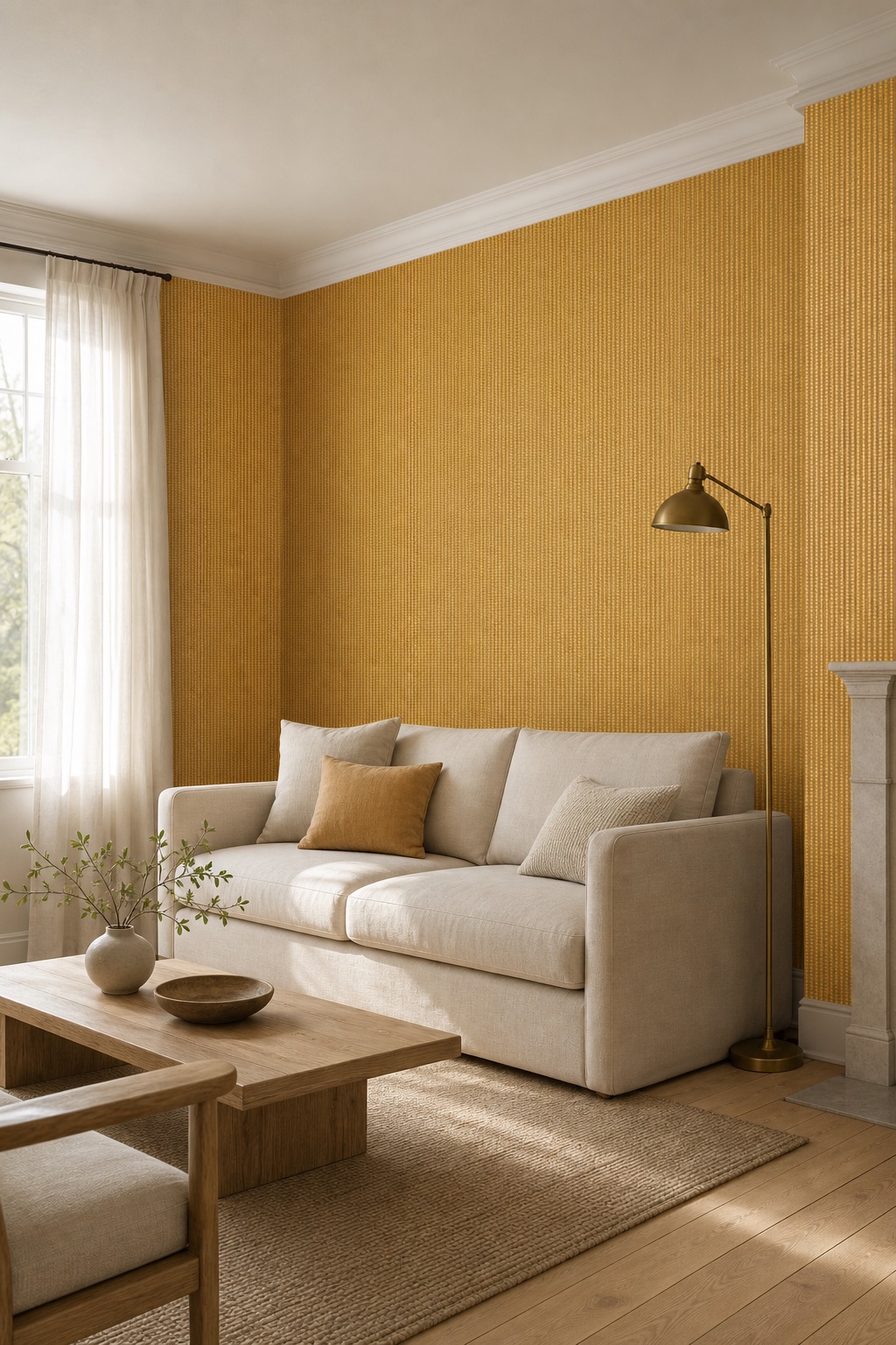 Residential sitting room with Amber Cord yellow grasscloth wallpaper in warm mustard amber on two accent walls, pale oak floorboards and cream linen sofa in soft morning light