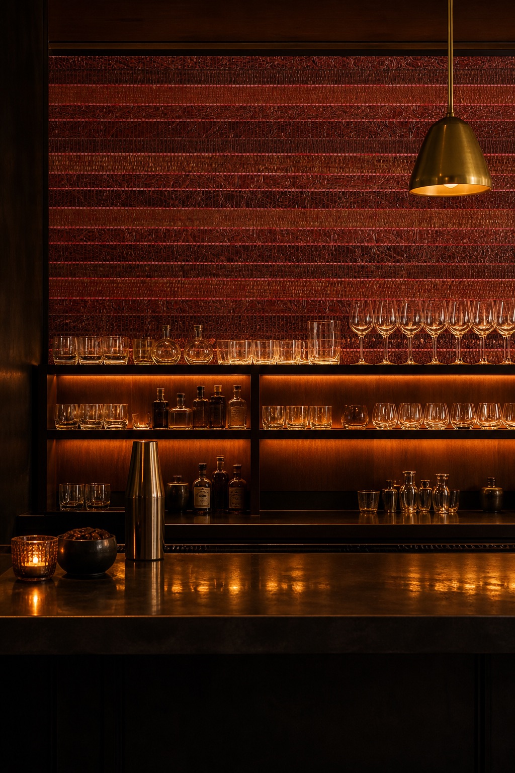 Boutique bar at night with Garnet Reed burgundy-red grasscloth wallpaper lining the back wall behind a blackened steel counter, dark oak shelving, and brass pendant light
