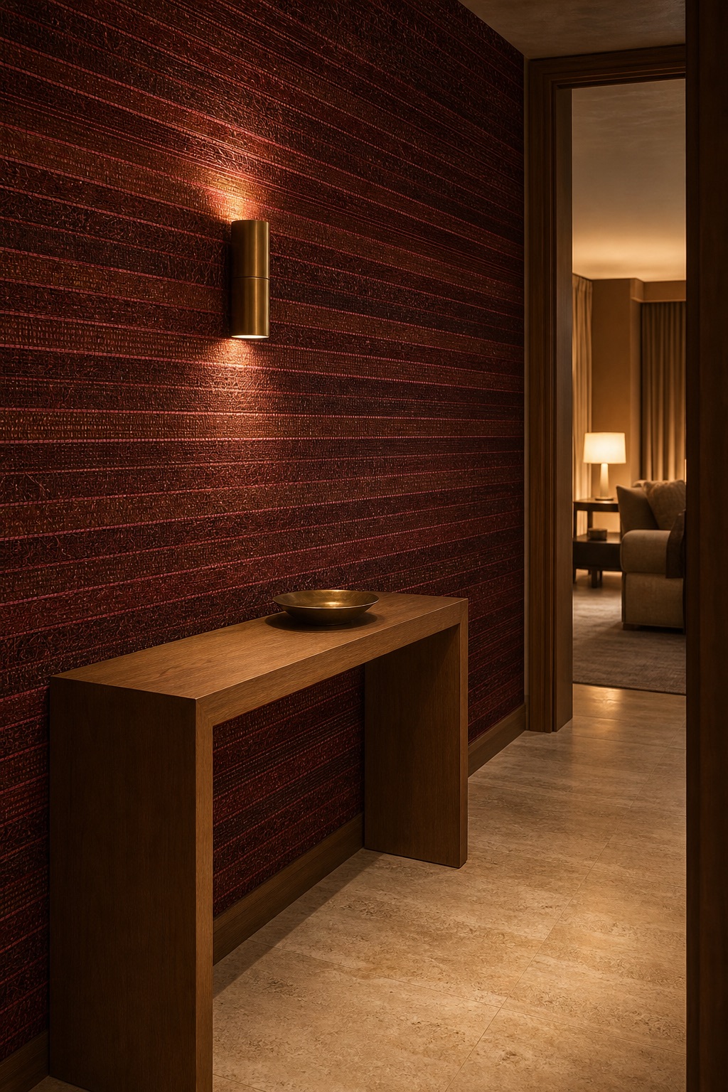 Hotel suite entry corridor lined with Garnet Reed deep red grasscloth wallpaper, travertine floor, oak console table, and brass wall sconce at evening