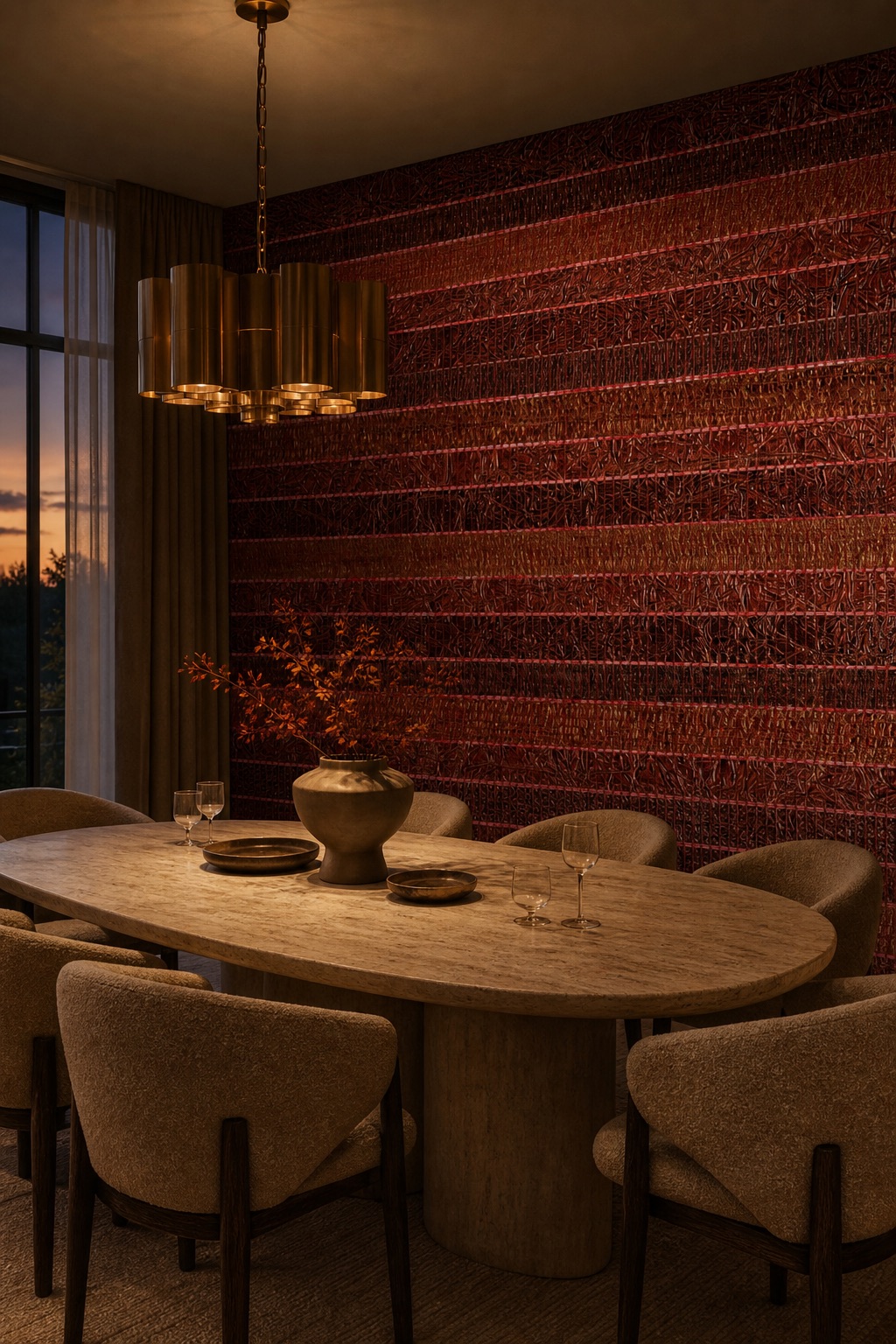 Private dining room at dusk with Garnet Reed red grasscloth wallpaper on the feature wall behind an oval travertine table, bouclé chairs, and brass chandelier