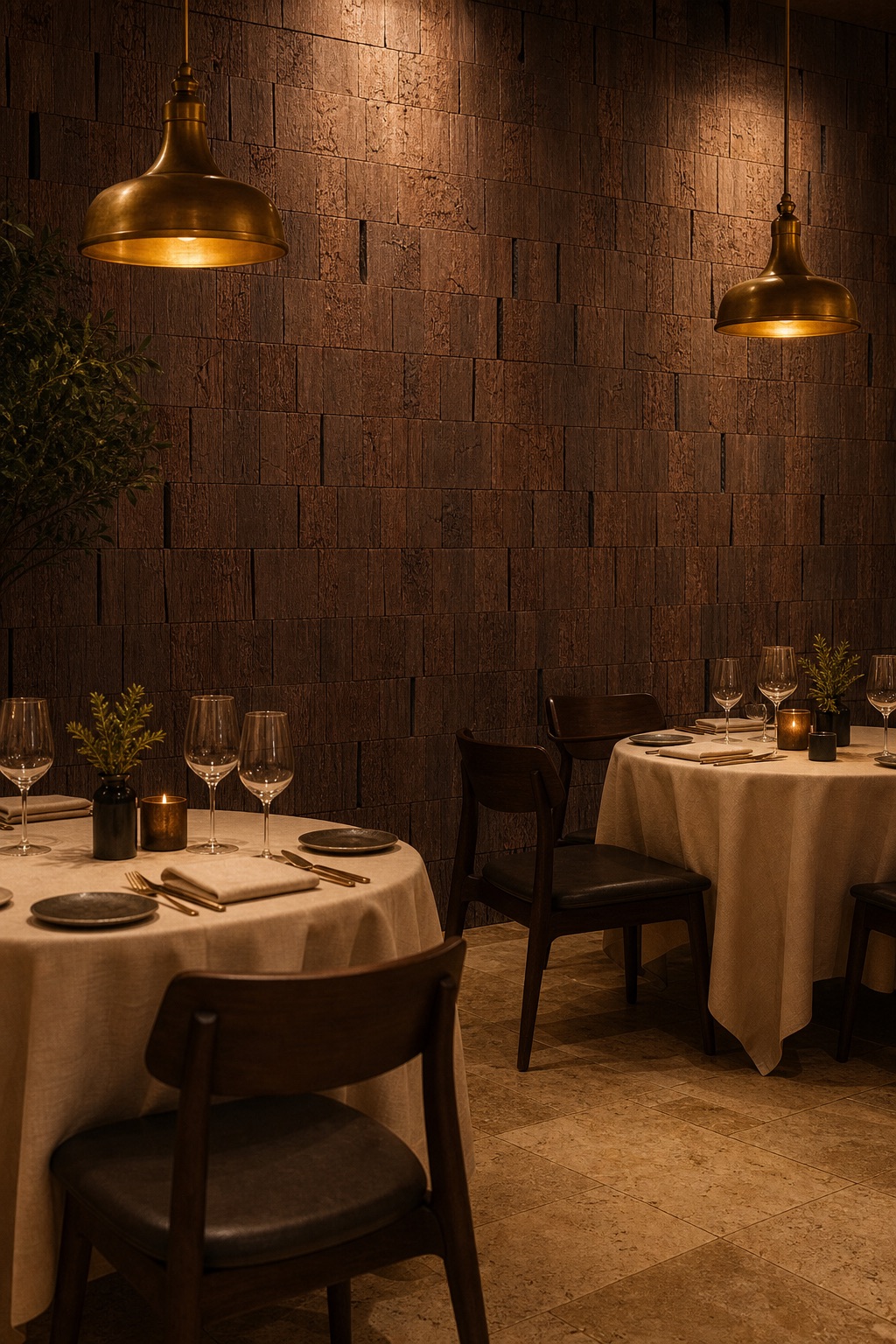 Dark wood wallcovering as feature wall in an upscale restaurant dining room with aged brass pendants and travertine floor
