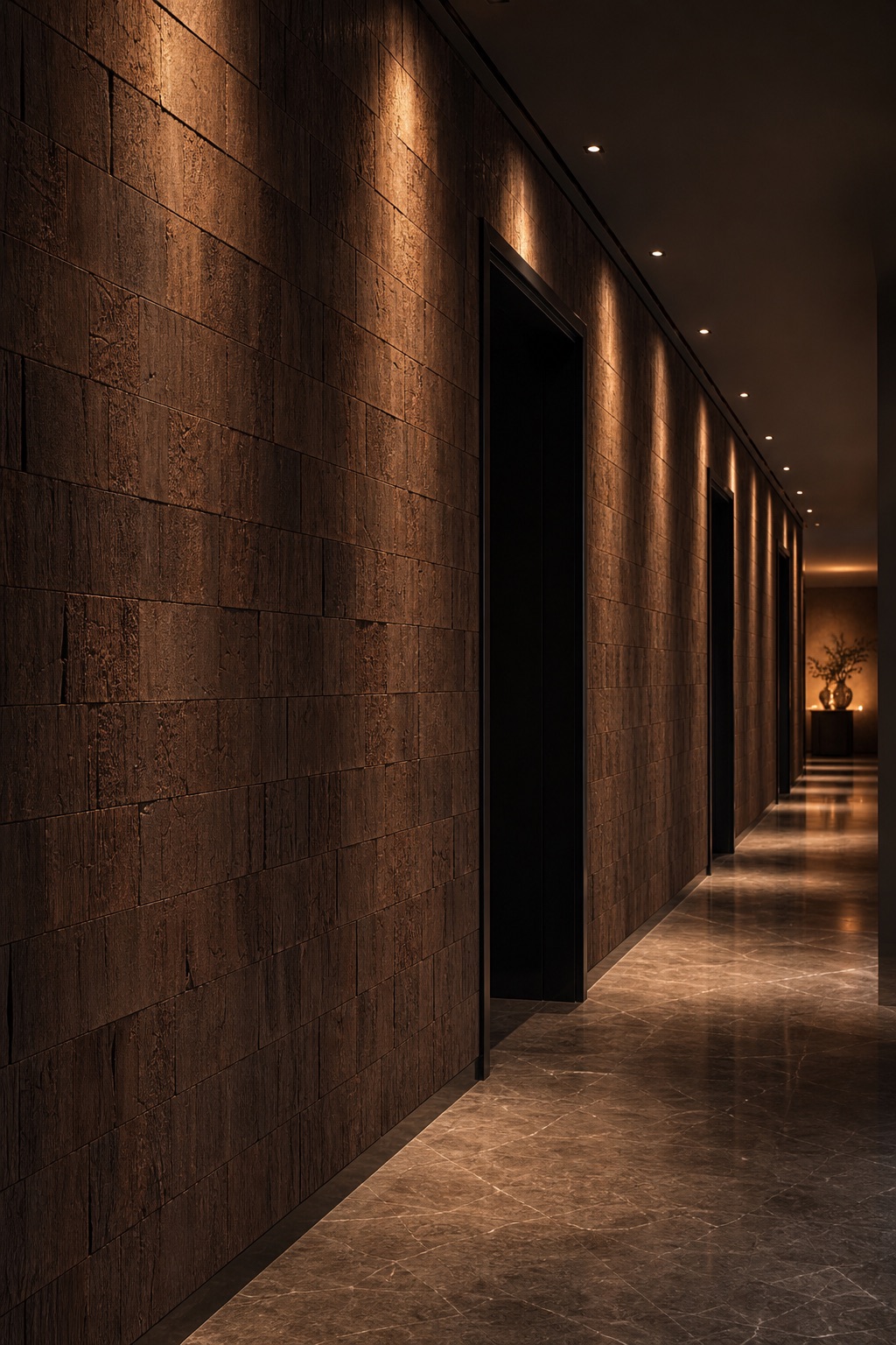 Dark wood wallcovering lining a boutique hotel corridor at dusk with blackened steel door frames and honed marble floor