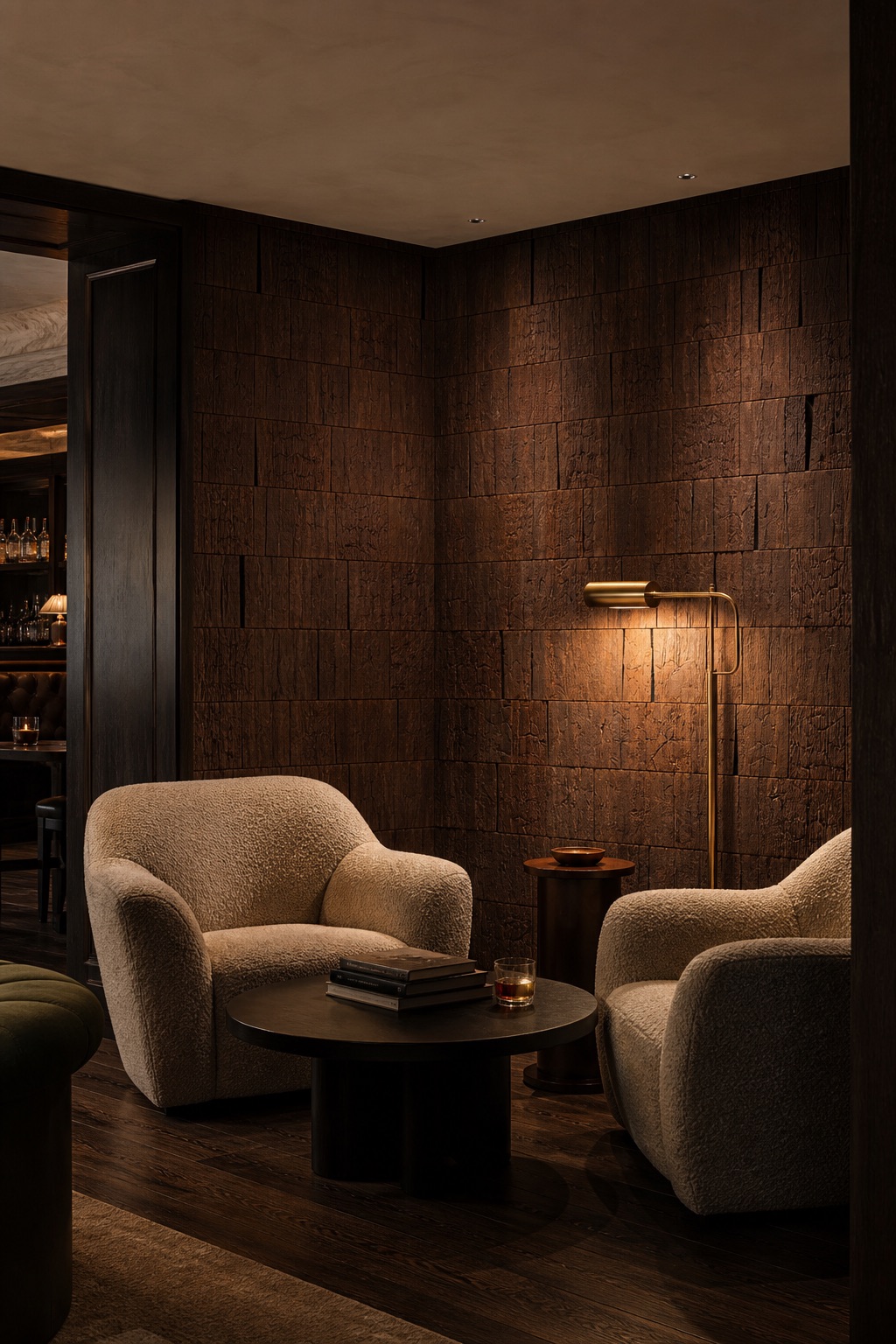 Dark wood wallcovering behind bouclé seating in a private members' club lounge with directed brass lamp lighting