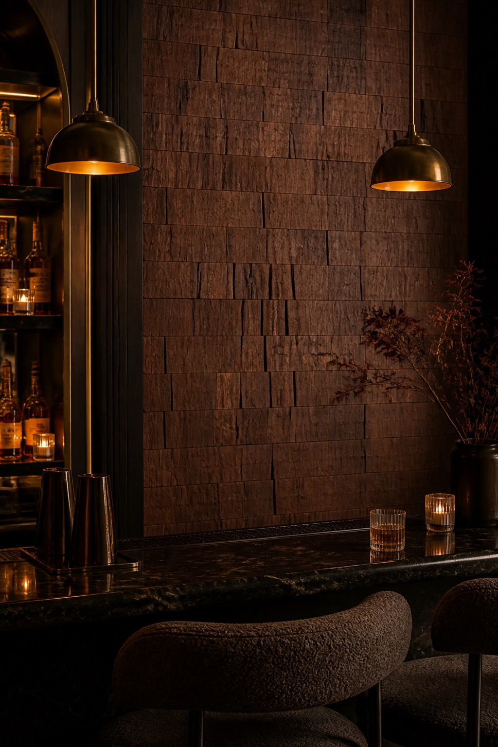 Dark wood wallcovering as full-height accent wall in a low-lit speakeasy lounge with aged brass pendants and dark marble bar