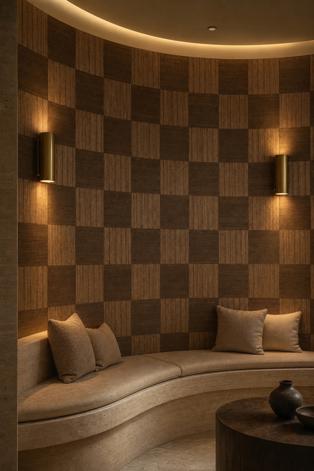 Boutique hotel lounge alcove with Walnut Checker walnut veneer wallpaper, travertine bench, brass sconces and linen cushions at dusk