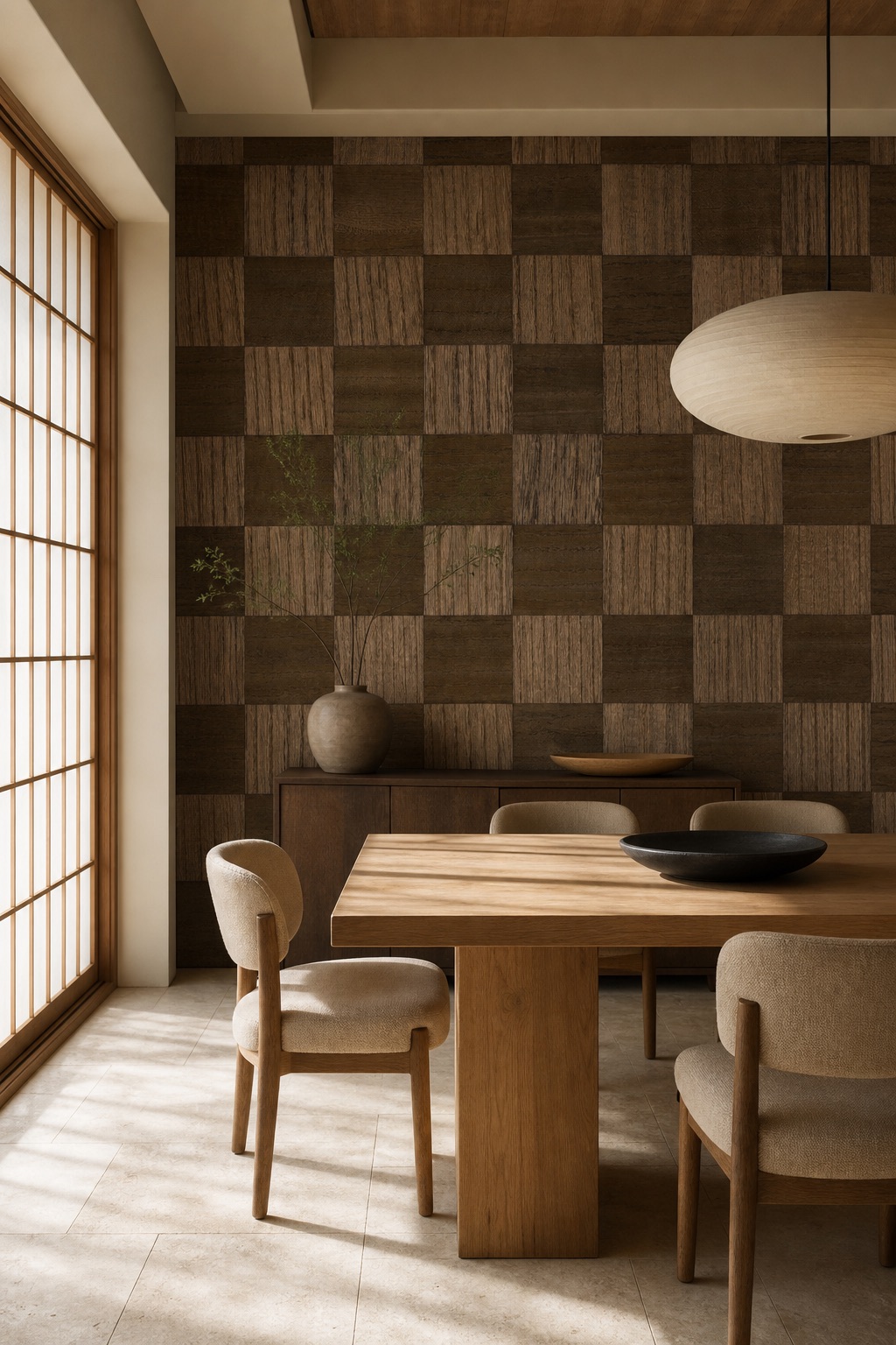 Japandi dining room with Walnut Checker walnut veneer wallpaper, low oak table, linen chairs and travertine floor in noon daylight