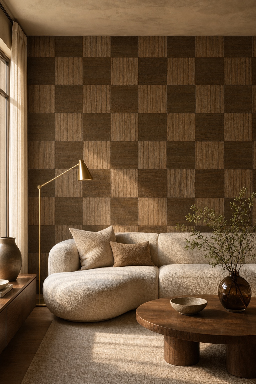 Mid-century living room with Walnut Checker walnut veneer wallpaper, bouclé sofa, brass floor lamp and warm afternoon light
