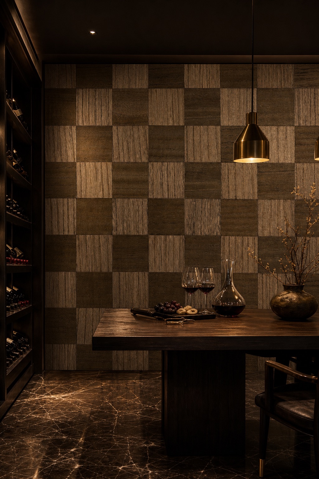 Private wine cellar with Walnut Checker walnut veneer wallpaper feature wall, polished marble floor, brass pendant lighting and oak tasting table