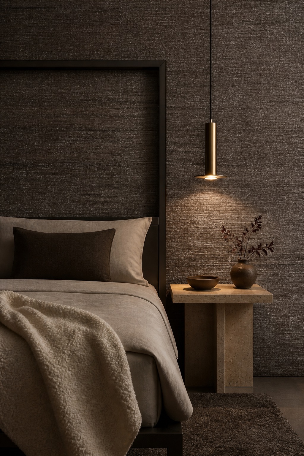Dark brown grasscloth wallpaper on a hotel suite bedhead wall with blackened steel bed frame, travertine side tables, and brass pendant lighting at night