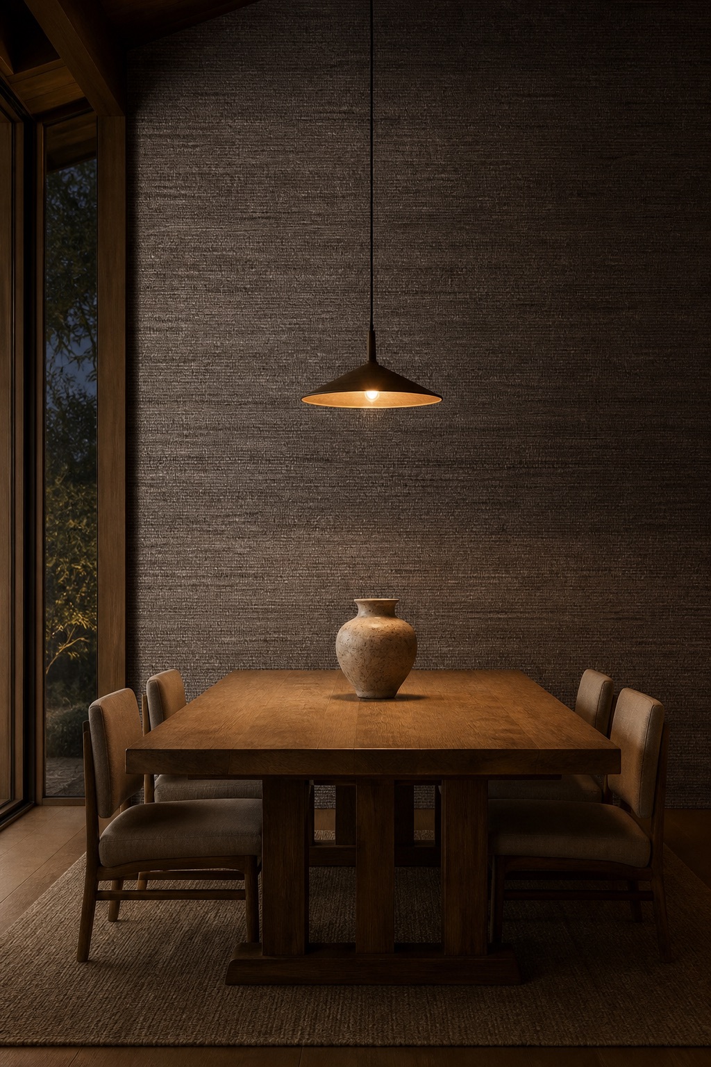 Dark brown grasscloth wallpaper behind a low oak dining table with linen chairs and amber pendant light in a Japanese-influenced dining room