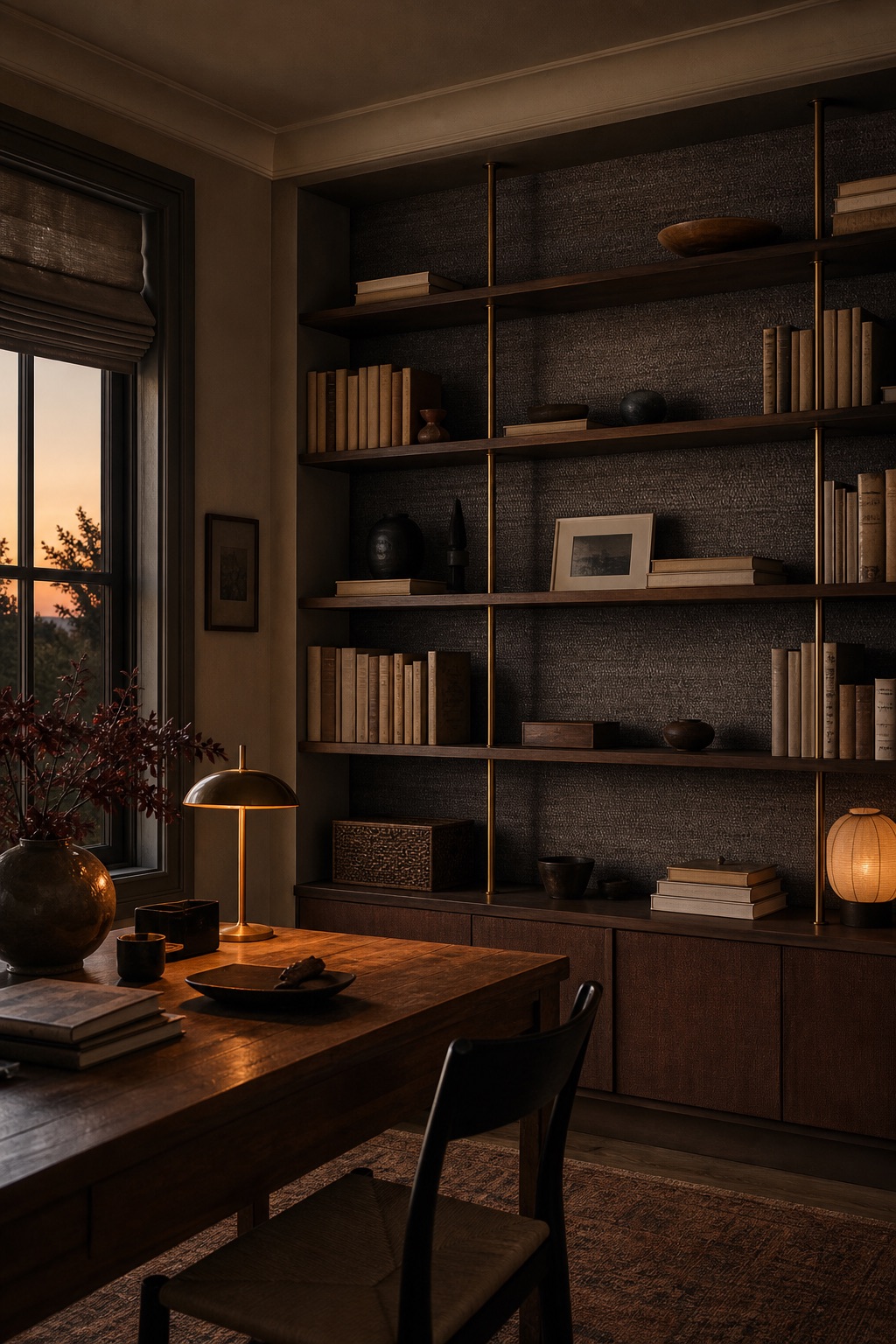 Dark brown grasscloth wallpaper as an alcove backdrop behind open shelving with brass brackets in a residential study at dusk
