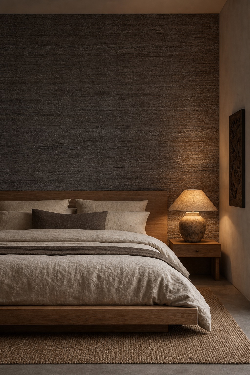 Dark brown grasscloth wallpaper as a full-width bedhead wall behind a low oak platform bed with undyed linen bedding in a wabi-sabi bedroom at evening