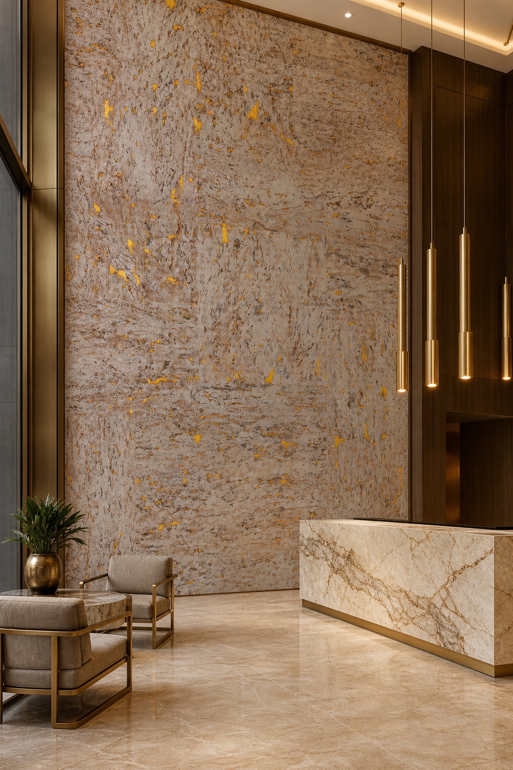Hotel lobby feature wall clad in natural cork wallpaper with amber-gold inlays, brass pendant lighting and polished travertine flooring
