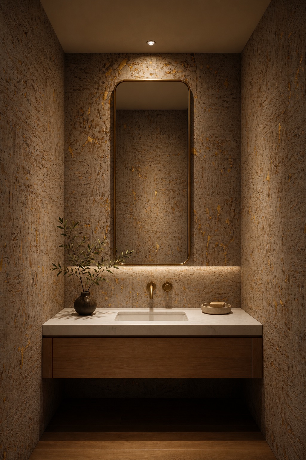 Luxury powder room wrapped in natural cork wallpaper with amber foil inlays, marble vanity top and recessed brass mirror lighting at dusk