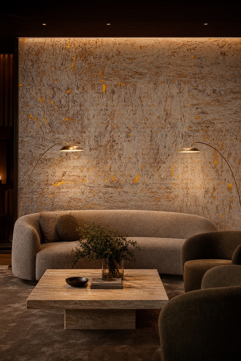 Private members' club lounge back wall in natural cork wallpaper with amber foil inlays, deep bouclé seating and floor-standing brass arc lamps at night