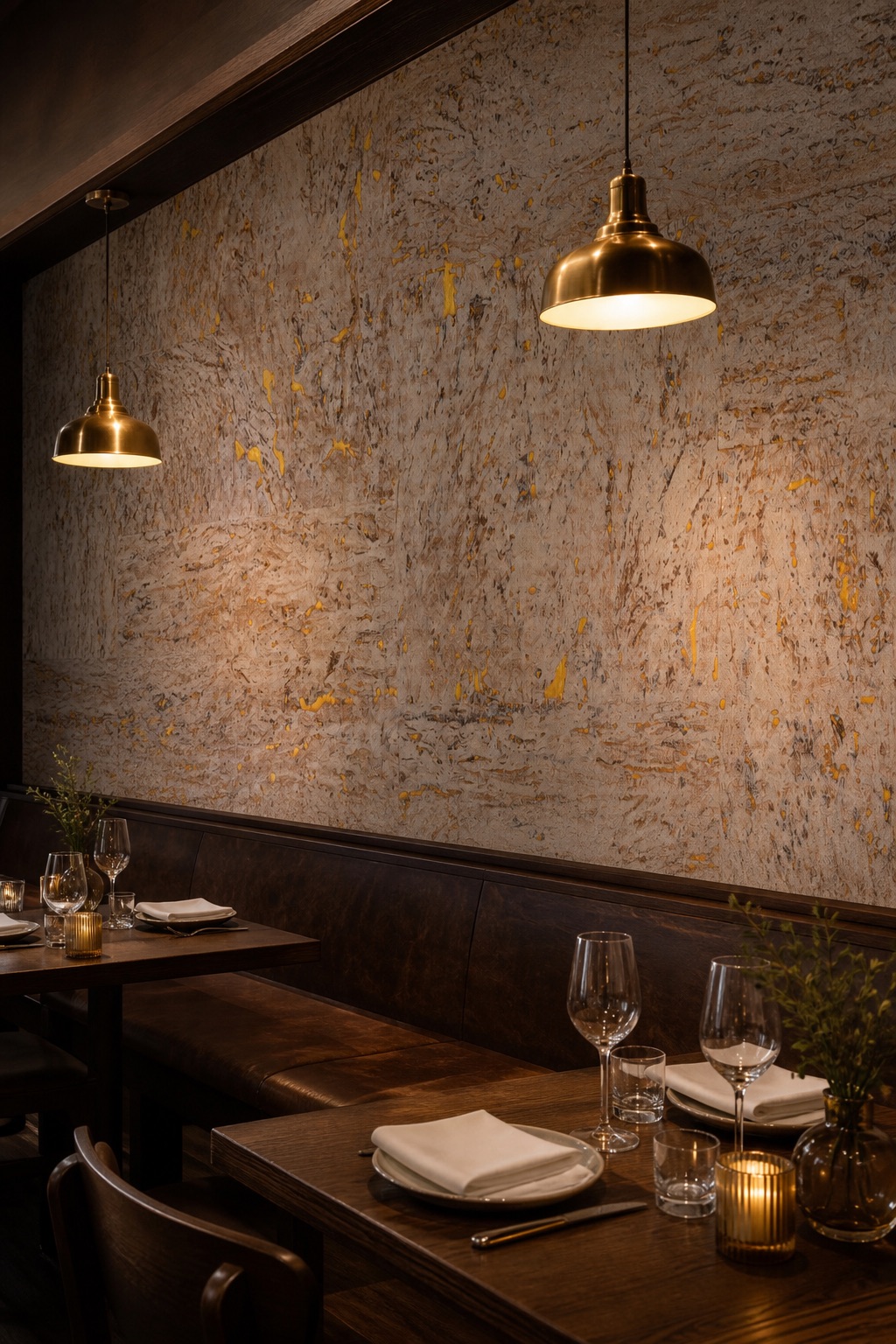 Restaurant banquette feature wall clad in natural cork wallpaper with amber inlays, dark-stained oak seating and brass pendant lamps