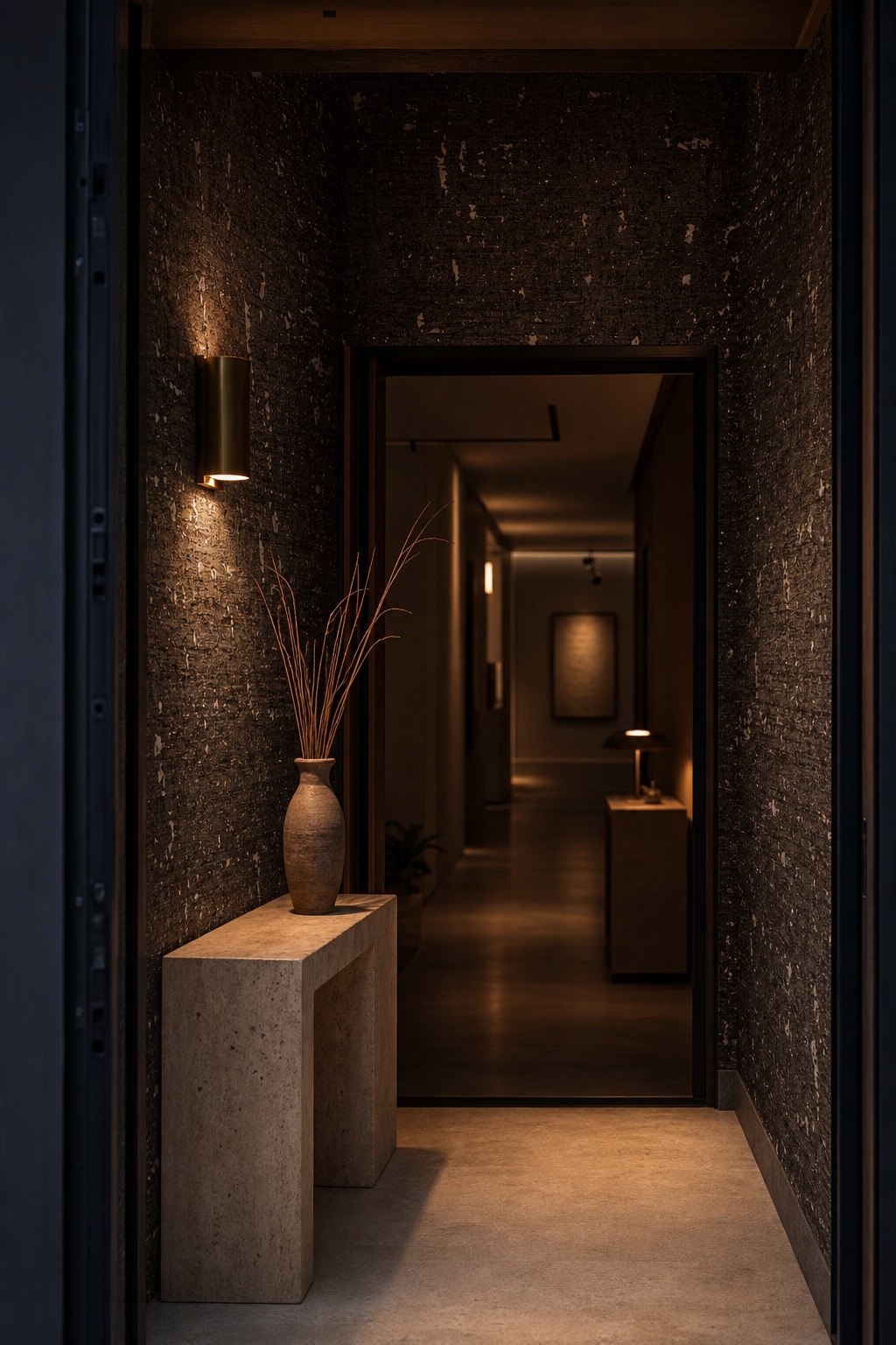 Boutique hotel entry vestibule clad in Obsidian Bark black cork wallcovering with travertine console and brass wall sconce at dusk