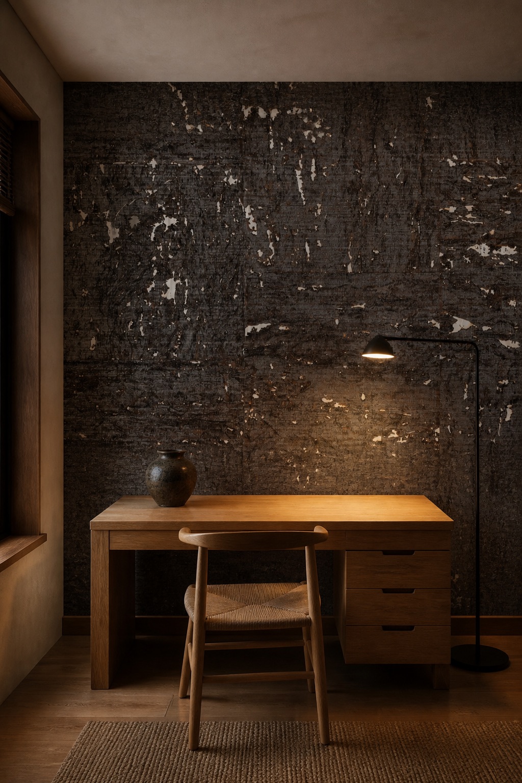 Japandi private study with Obsidian Bark black cork accent wall, solid oak desk, and blackened-steel floor lamp at evening