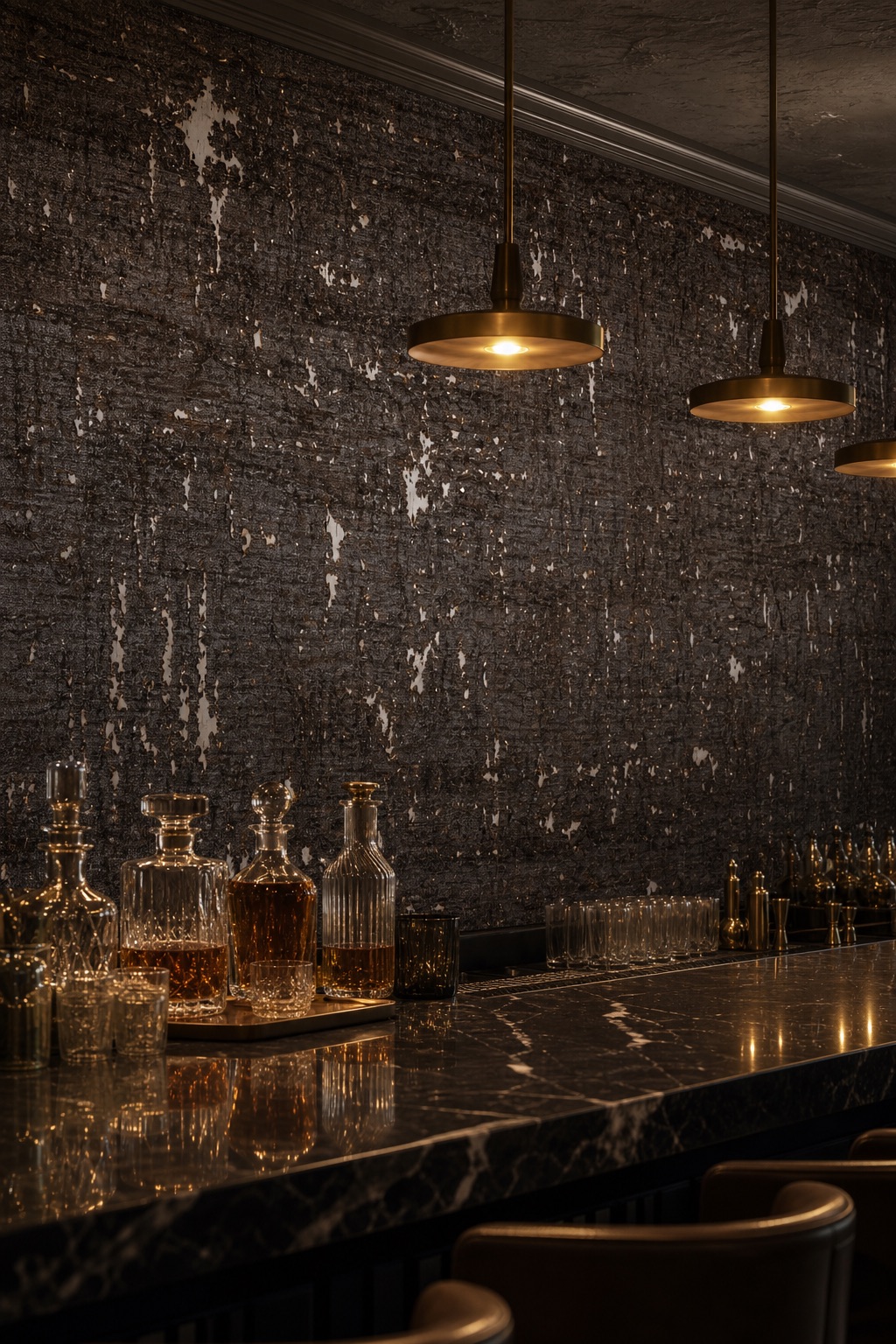 Intimate cocktail lounge at night with Obsidian Bark black cork wallcovering behind the bar, brass pendants, and black marble counter