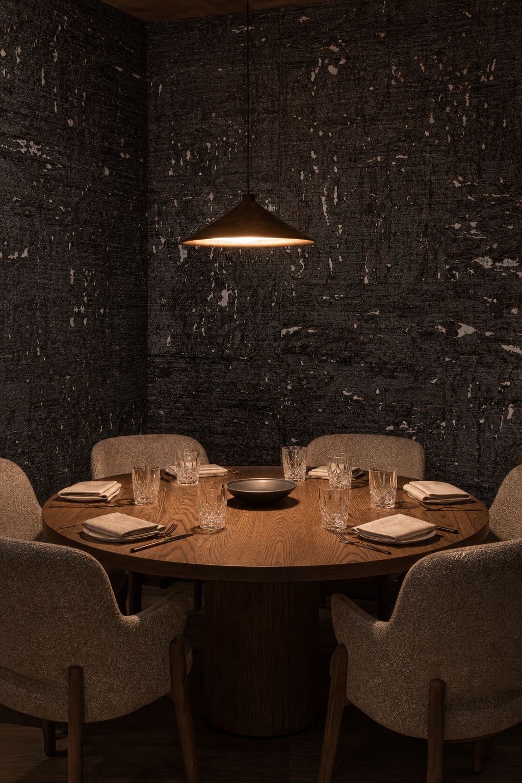 Intimate private dining room with Obsidian Bark black cork wallcovering on full walls, round oak table, bouclé chairs, and warm amber pendant