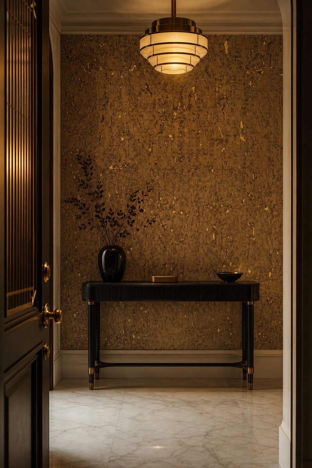 Art Deco entry foyer with gold cork wallpaper, polished marble floor and aged-brass pendant at evening