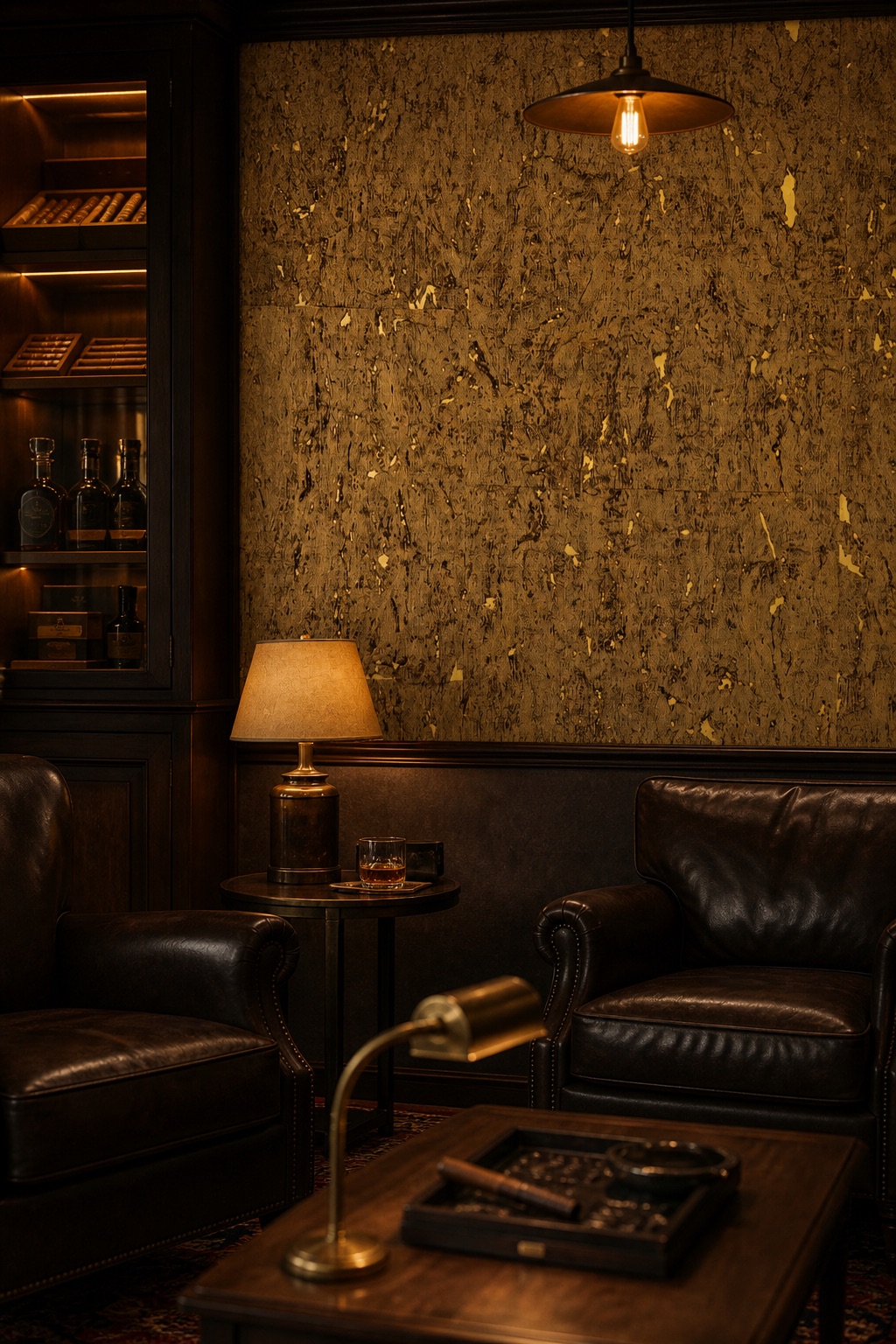 Warm cigar lounge with gold cork wallcovering, dark leather armchairs, aged oak cabinetry and brass lighting at evening
