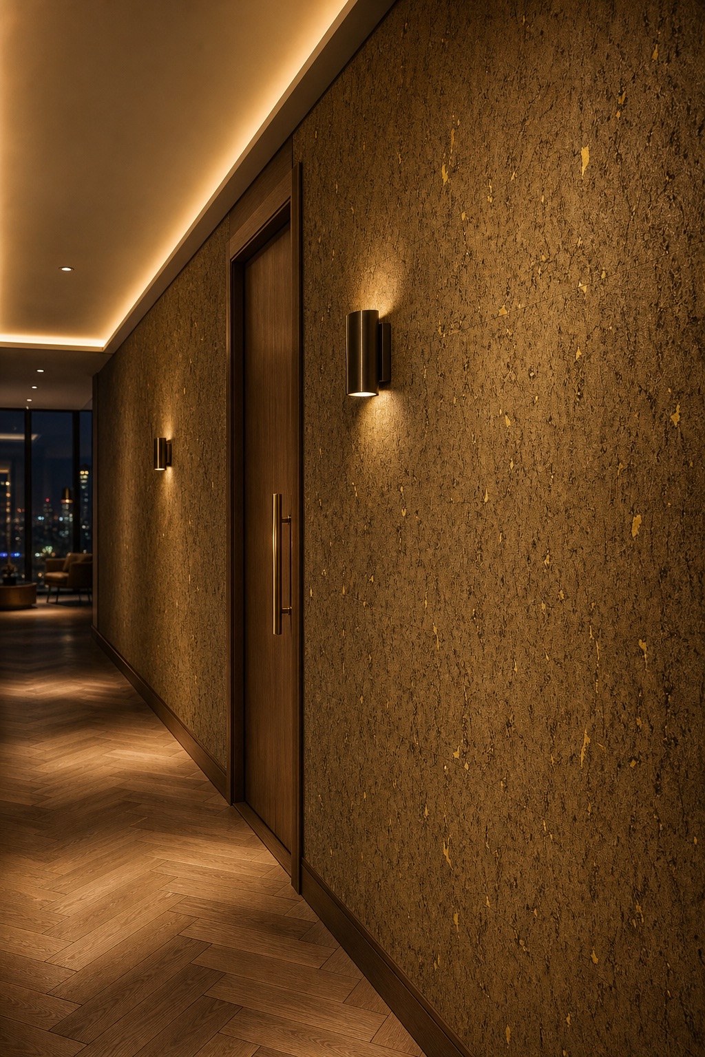 Hotel penthouse corridor at night with gold cork wallcovering, brass wall sconces and herringbone oak floor