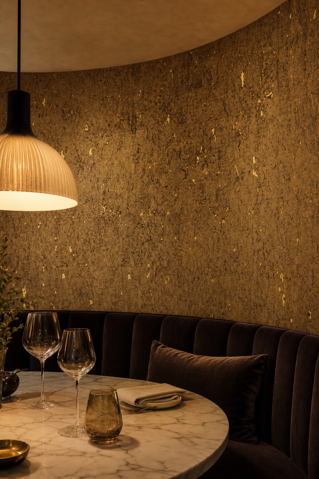 Supper club banquette booth with gold cork wallcovering, marble table and ivory plaster ceiling at night