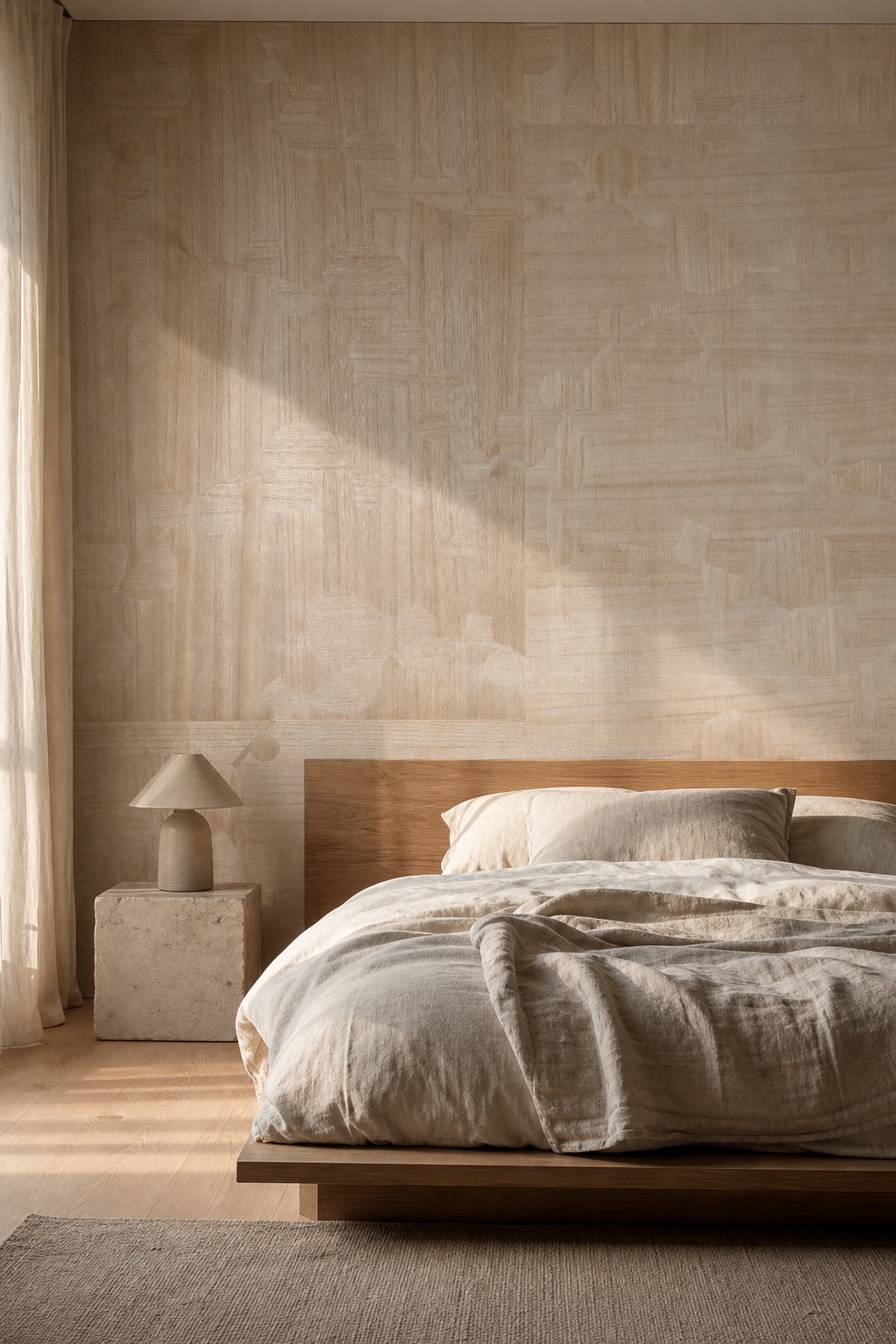 Спальня в стиле японди с белыми плетёными бумажными обоями Ivory Parquet как акцентной стеной за изголовьем, низкой дубовой платформенной кроватью и приставным столиком из грубой штукатурки на рассвете