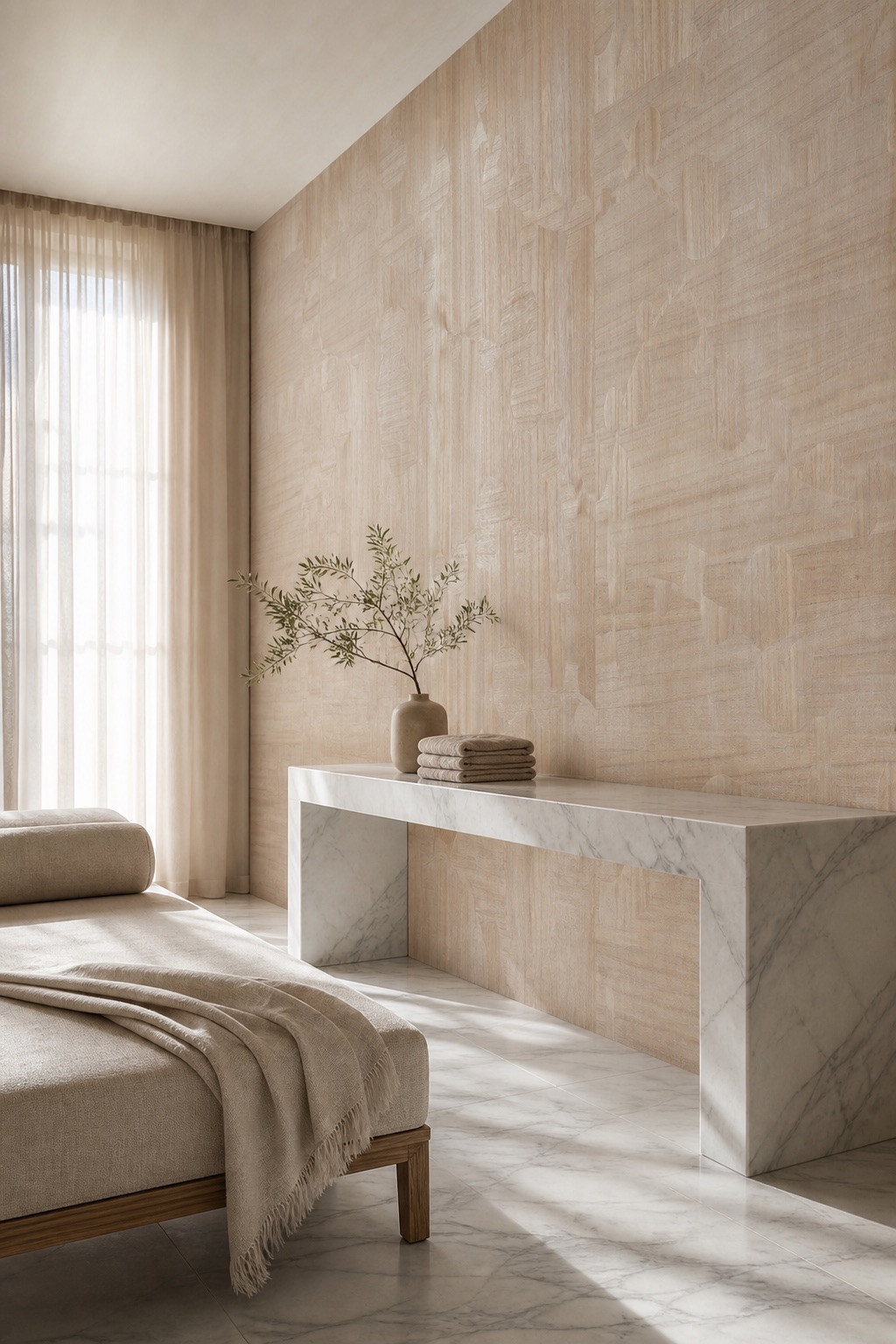 Лаунж гостиничного спа с белыми плетёными бумажными обоями Ivory Parquet на полноформатной акцентной стене, полом из каррарского мрамора и льняным шезлонгом в мягком утреннем свете
