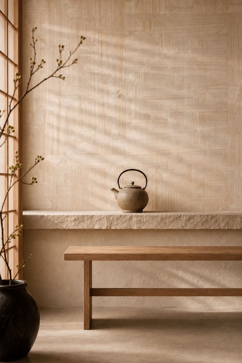 Комната для чаепития с белыми плетёными бумажными обоями Ivory Parquet, полкой из грубой штукатурки и узкой дубовой скамьёй под тёплым послеполудённым светом