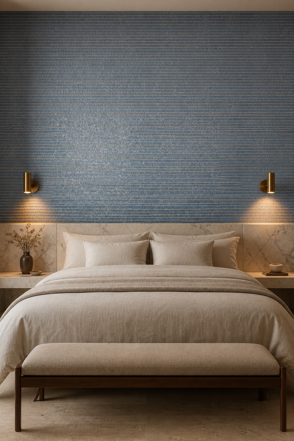 Номер арт-деко-отеля с голубыми слюдяными обоями Powder Blue Gilt как акцентной стеной за кроватью, освещённой тёплыми латунными бра на фоне мрамора и травертина вечером