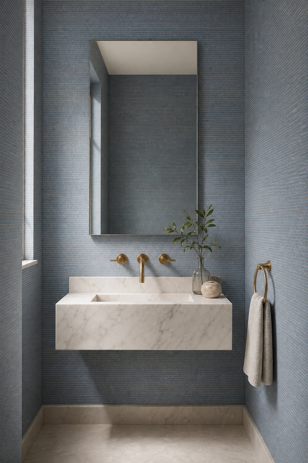 Компактный люксовый гостевой санузел с голубыми слюдяными обоями Powder Blue Gilt на всех стенах, белой мраморной раковиной и полированной латунной фурнитурой в мягком утреннем свете