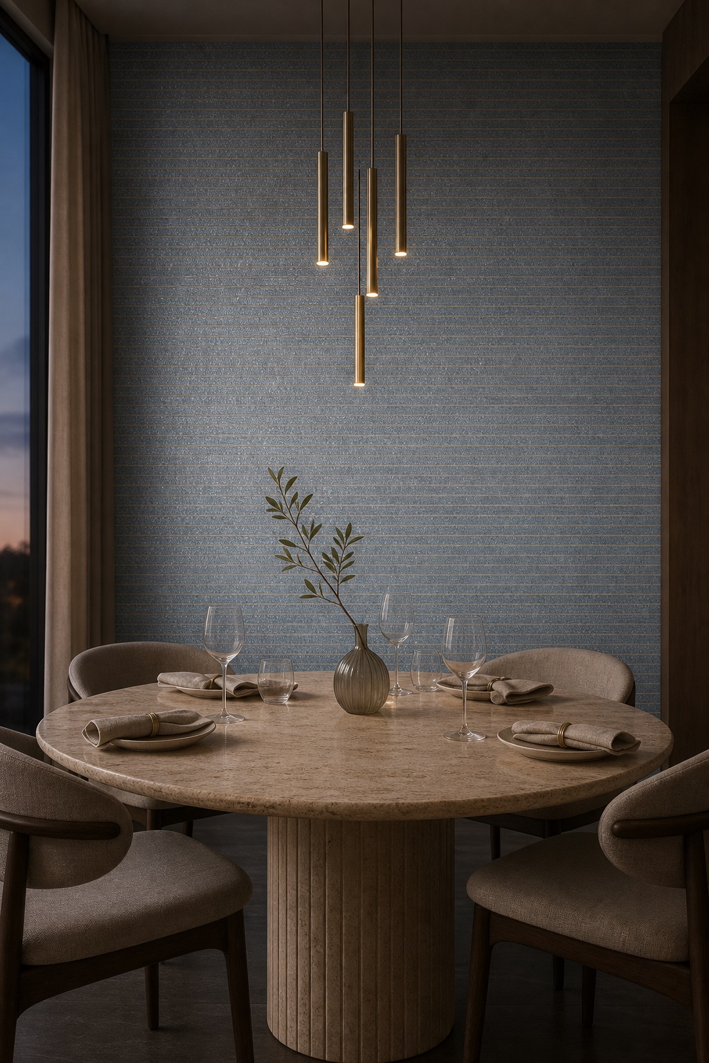 Комната для частных ужинов с голубыми слюдяными обоями Powder Blue Gilt на задней стене, столом из травертина и латунными подвесными светильниками в сумерках